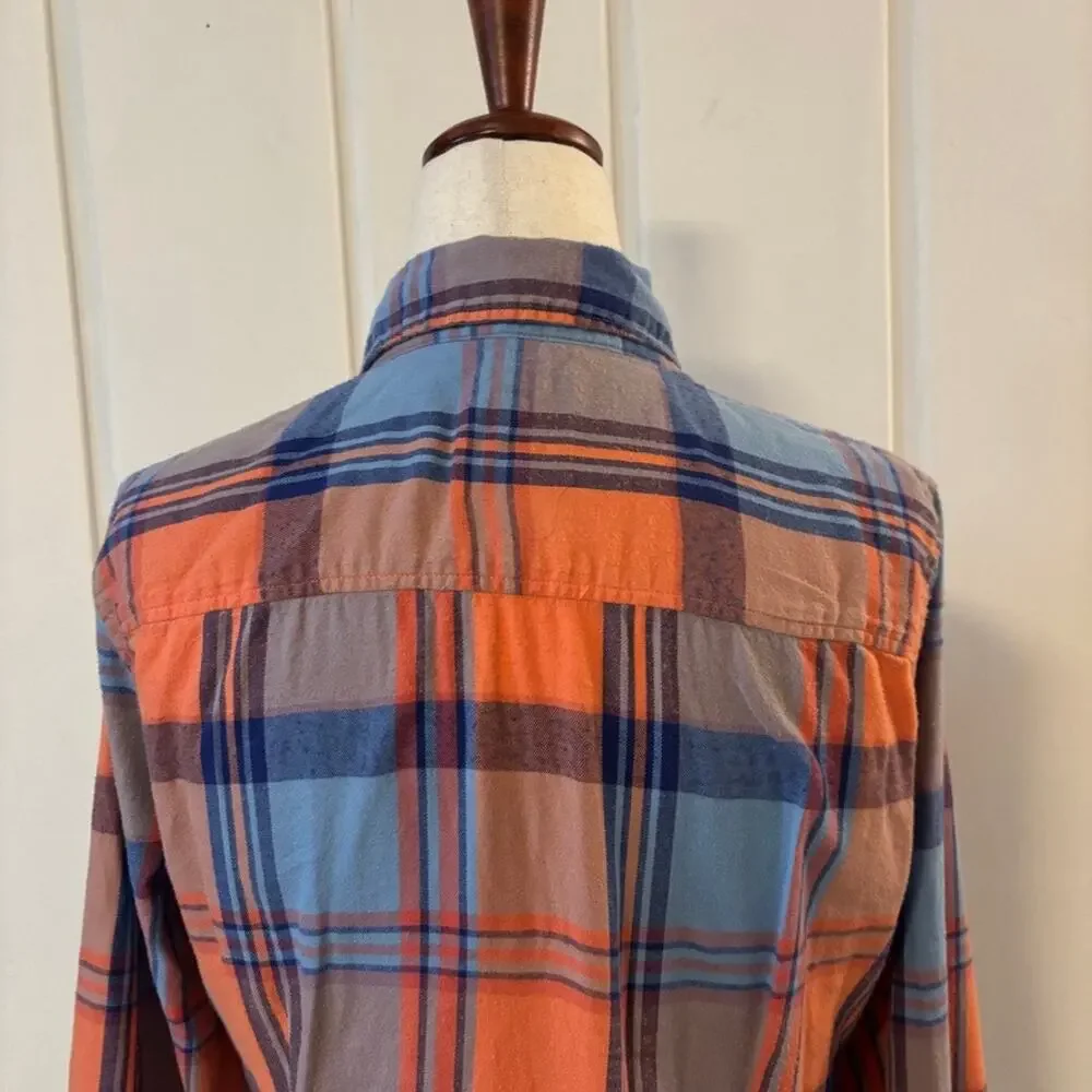J. Crew Women's Flannel Perfect Shirt Plaid Orange Blue Size Small 100% Cotton